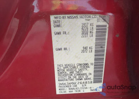 2016 Nissan Altima 2.5 Sl z USA, uszkodzony, nr VIN 1N4AL3AP0GC264858